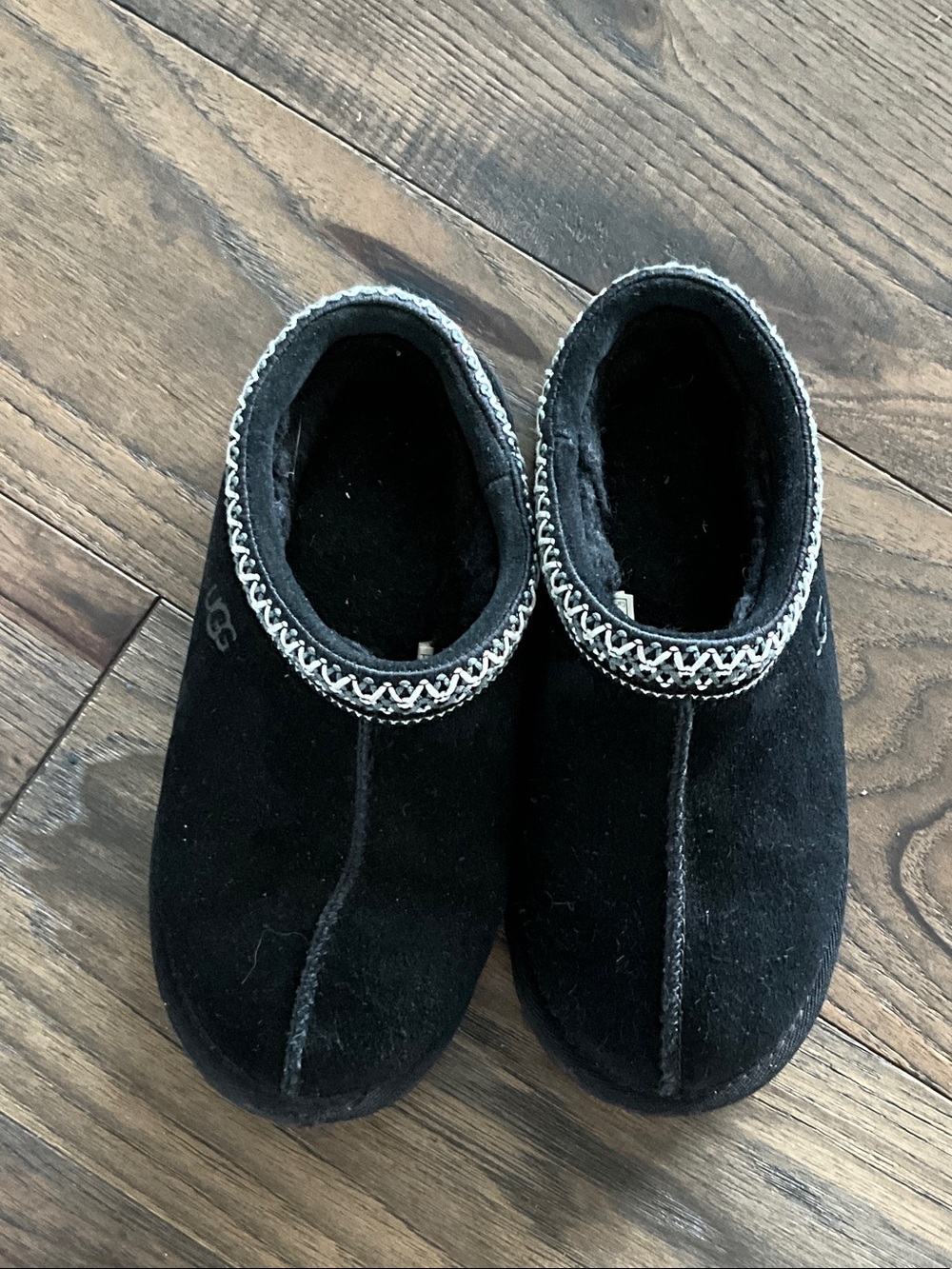 UGG Black Suede Slip-On Clogs with Patterned Trim